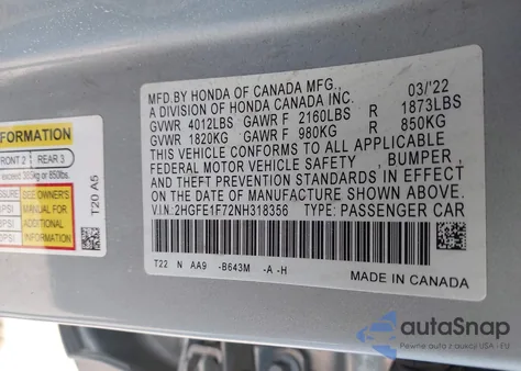 2022 Honda Civic Ex z USA, uszkodzony, nr VIN 2HGFE1F72NH318356